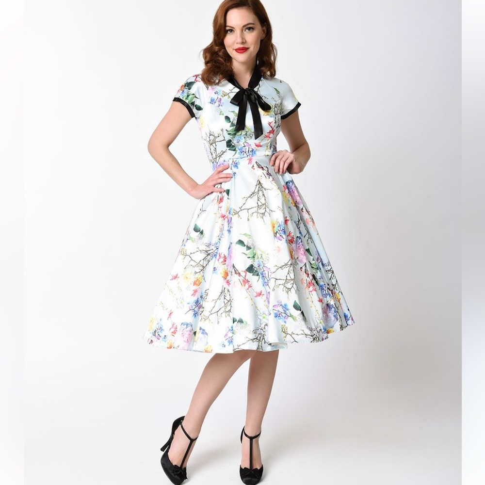 Hearts and roses retro rockabilly pin up Floral satin Dress Black Bow size 4